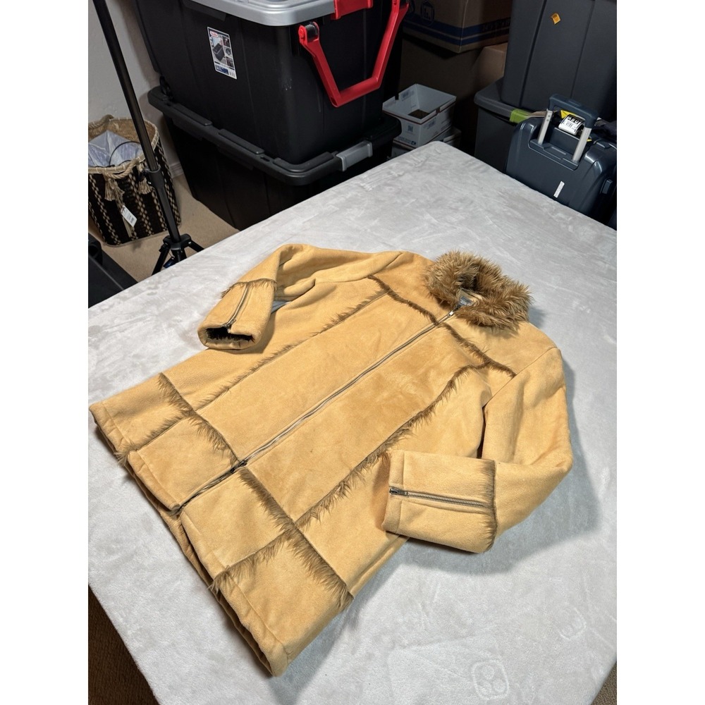 Vintage Rave Penny Lane Coat Women's Size XL Tan Suede Patchwork Faux Fur Y2K - Picture 2 of 7